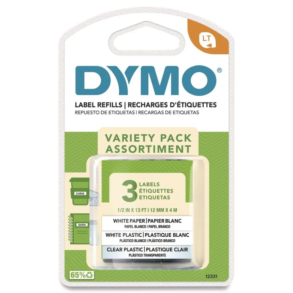 DYMO LetraTag 0.5 in. x 13 ft. Paper/Plastic Label Tape Value Pack - Assorted (3/Pack)