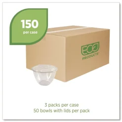 Eco-Products 48 oz. Renewable and Compostable Plastic Salad Bowls with Lids - Clear (150/Carton)