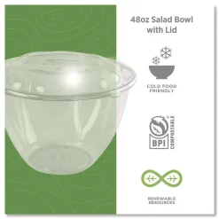 Eco-Products 48 oz. Renewable and Compostable Plastic Salad Bowls with Lids - Clear (150/Carton)