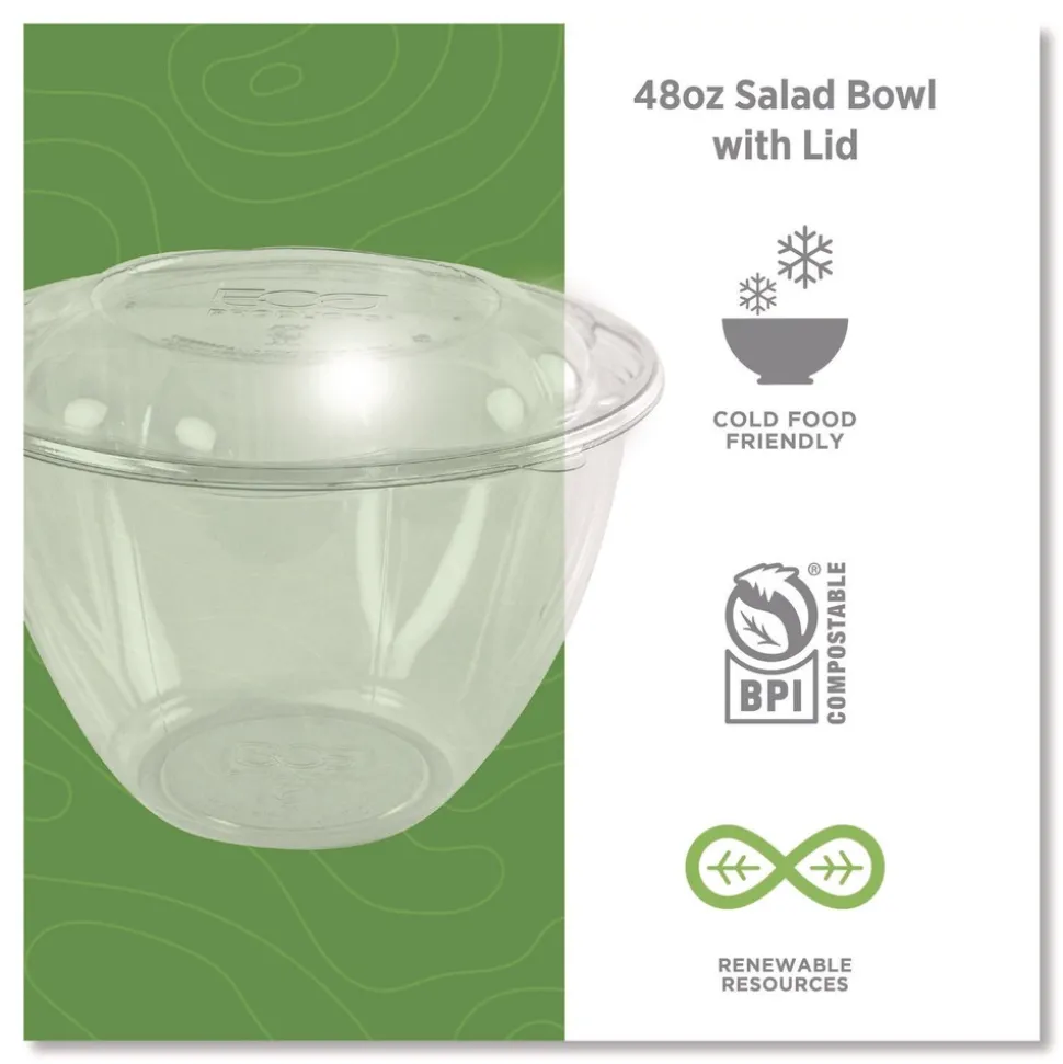 Eco-Products 48 oz. Renewable and Compostable Plastic Salad Bowls with Lids - Clear (150/Carton)