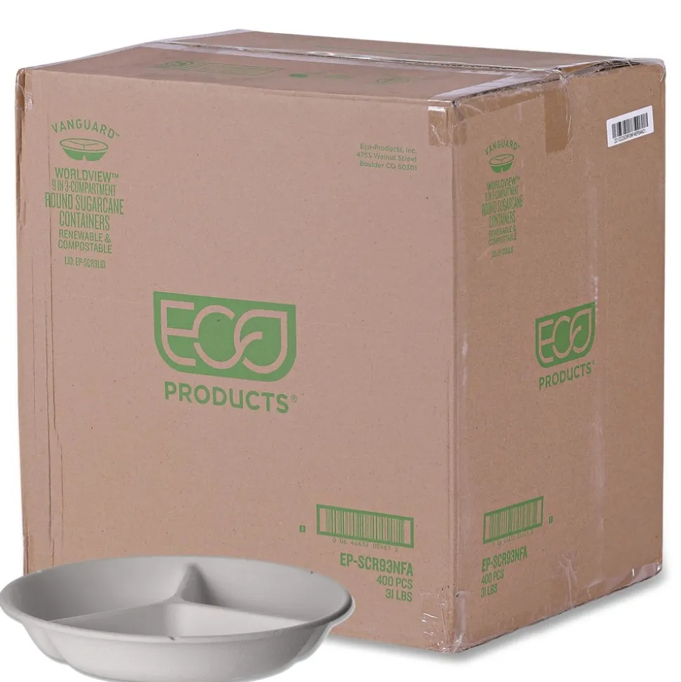 Eco-Products EP-SCR93NFA Vanguard 28 oz. 3-Compartment Bowl Renewable and Compostable Sugarcane Containers - White (400/Carton)