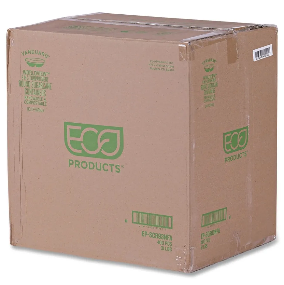 Eco-Products EP-SCR93NFA Vanguard 28 oz. 3-Compartment Bowl Renewable and Compostable Sugarcane Containers - White (400/Carton)