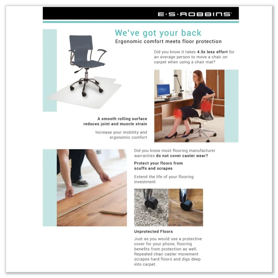 ES Robbins 45 x 53 EverLife Heavy Use Rectangular Chair Mat with Lip for Hard Floors - Clear