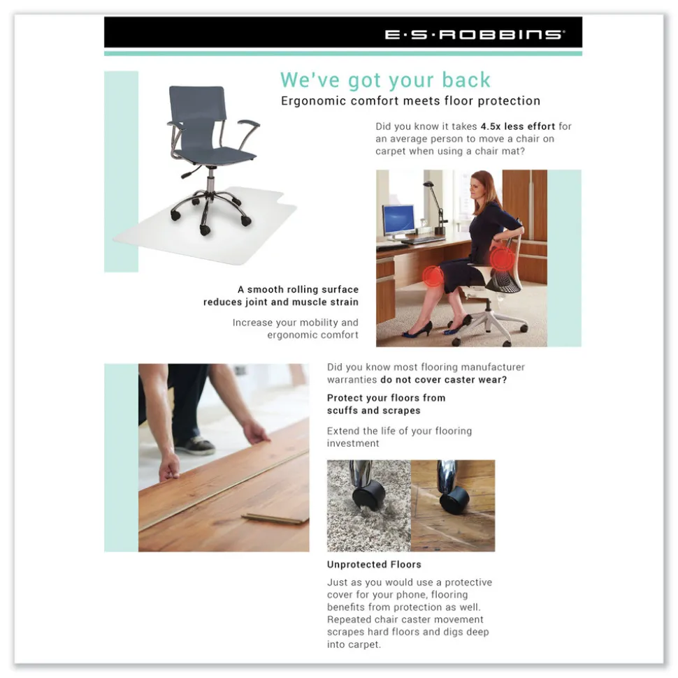 ES Robbins 46 x 60 EverLife Moderate Use Rectangular Chair Mat for Low Pile Carpet - Clear