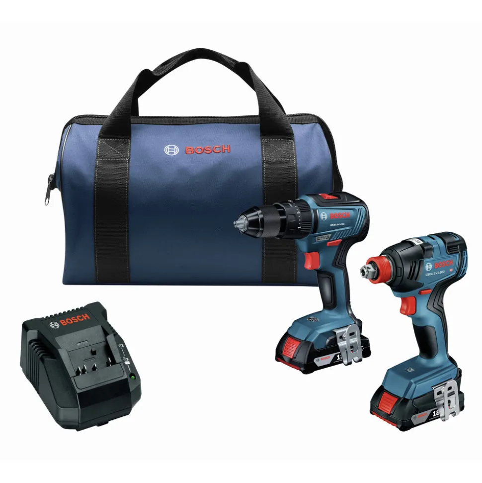 Factory Reconditioned Bosch 18V Brushless Lithium-Ion 1/2 in. Hammer Drill Driver and 1/4 in. and 1/2 in. 2-in-1 Bit/Socket Impact Driver Combo Kit with 2 Batteries (2 Ah)