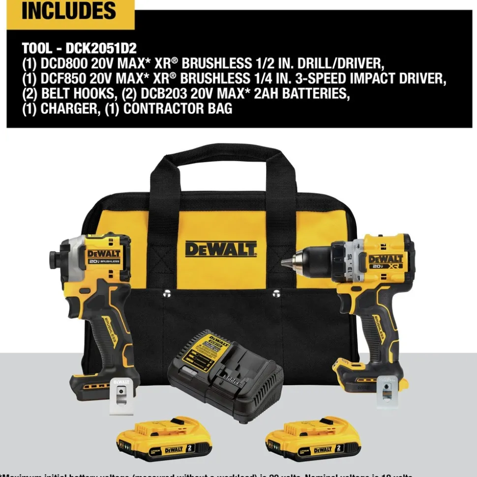 Factory Reconditioned Dewalt 20V MAX XR 1/2 in. Cordless Drill Driver and 20V MAX ATOMIC 1/4 in. Cordless Impact Driver Combo Kit (2 Ah)