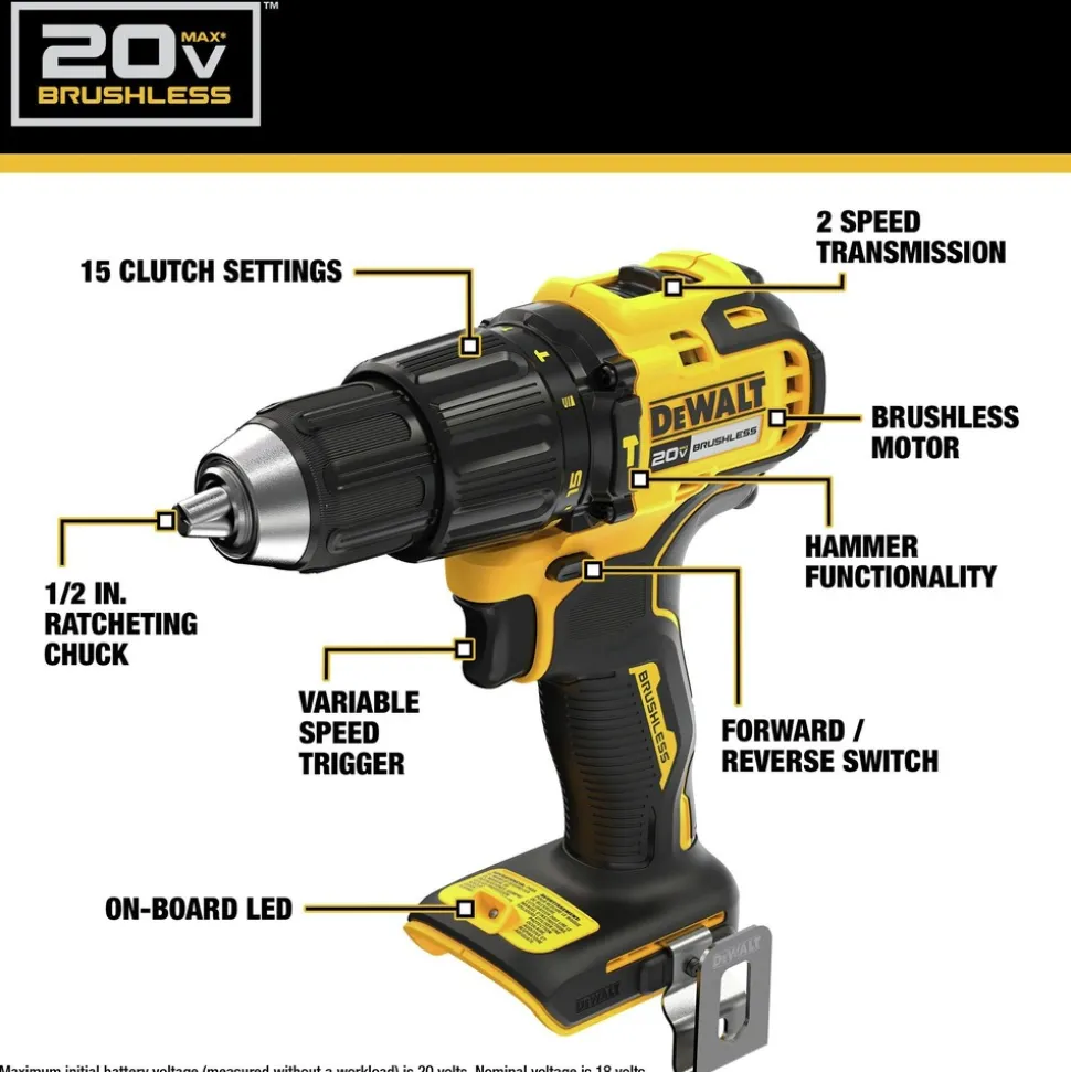 Factory Reconditioned Dewalt 20V MAX Lithium-Ion Brushless 1/2 in. Cordless Hammer Drill Kit (2 Ah)