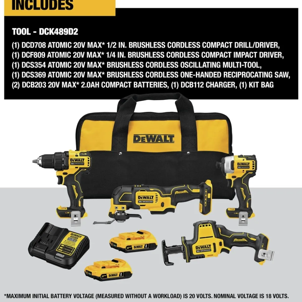 Factory Reconditioned Dewalt 20V MAX ATOMIC Brushless Lithium-Ion Cordless 4-Tool Combo Kit (2 Ah)