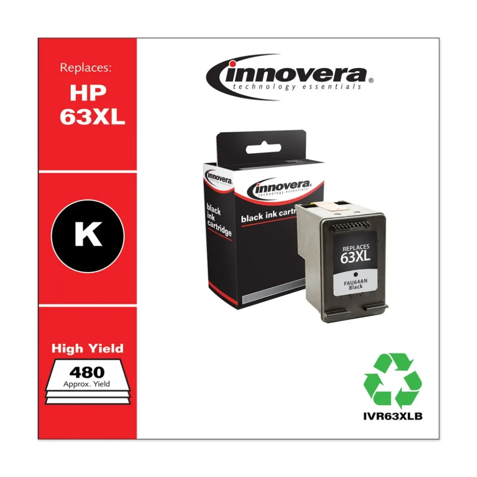 Factory Reconditioned Innovera 480 Page-Yield Remanufactured High-Yield Ink Replacement for 63XL (F6U64AN) - Black