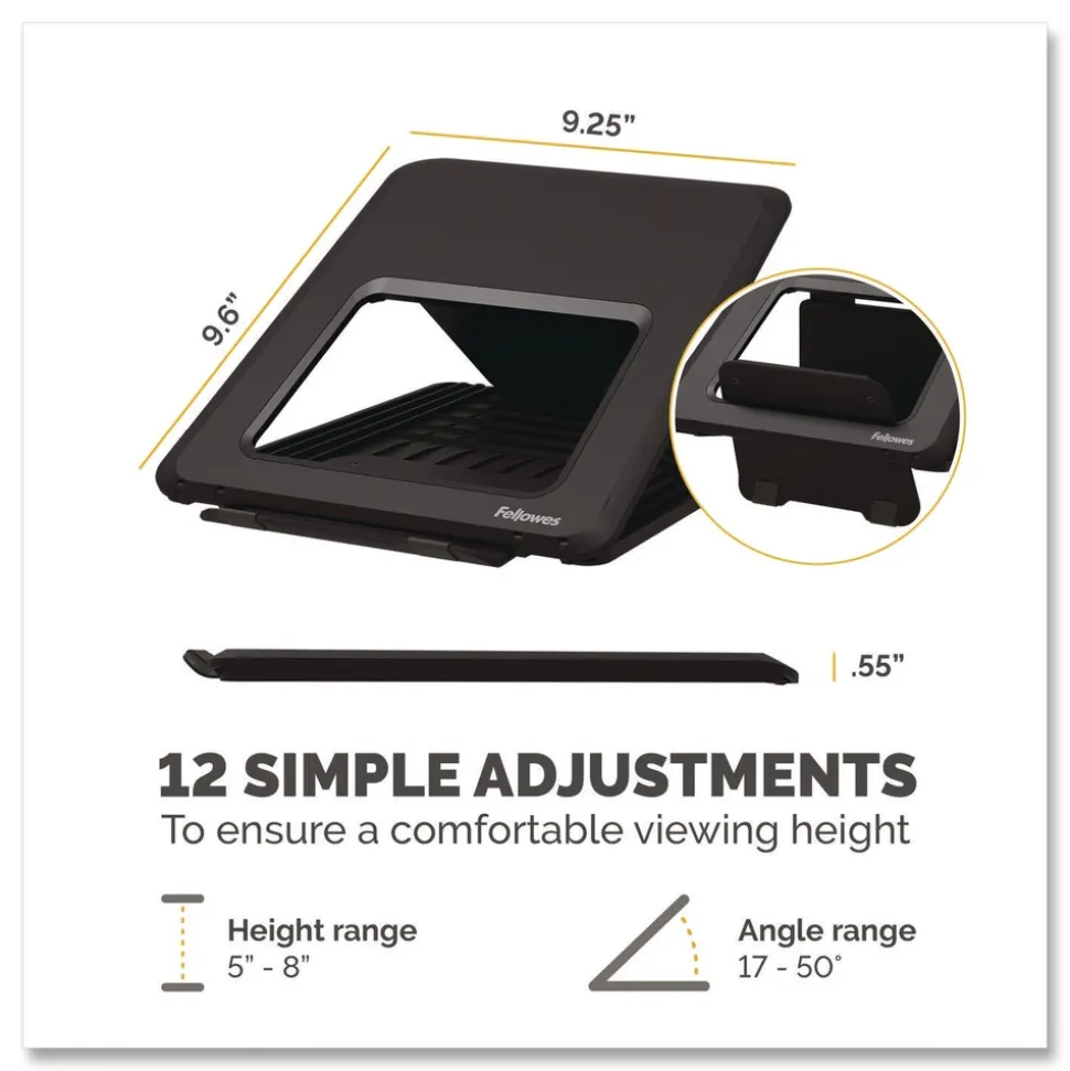 Fellowes Mfg Co. 9.25 in. x 10.55 in. x 0.55 in. to 8 in. Supports Up to 8.8 lbs. Breyta Laptop Stand - Black