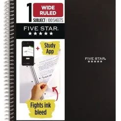 Five Star 10.5 in. x 8.63 in. Sheets Wide/Legal Rule 1-Subject Wirebound Notebook - Black Cover