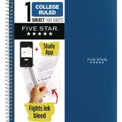 Five Star 11 in. x 9.13 in. Sheets Medium/College Rule 1-Subject Wirebound Notebook - Blue Cover