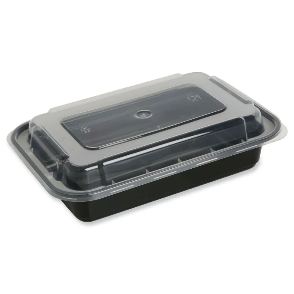 GEN 7.48 in. x 5.03 in. x 2.48 in. 24 oz. Plastic Microwavable Food Container with Lid - Rectangular Black/Clear (150/Carton)