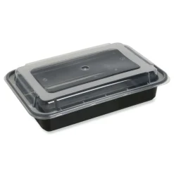 GEN FCPP-BC-38RECT 8.81 in. x 6.02 in. x 2.48 in. 38 oz. Plastic Microwavable Food Container with Lid - Rectangular Black/Clear (150/Carton)