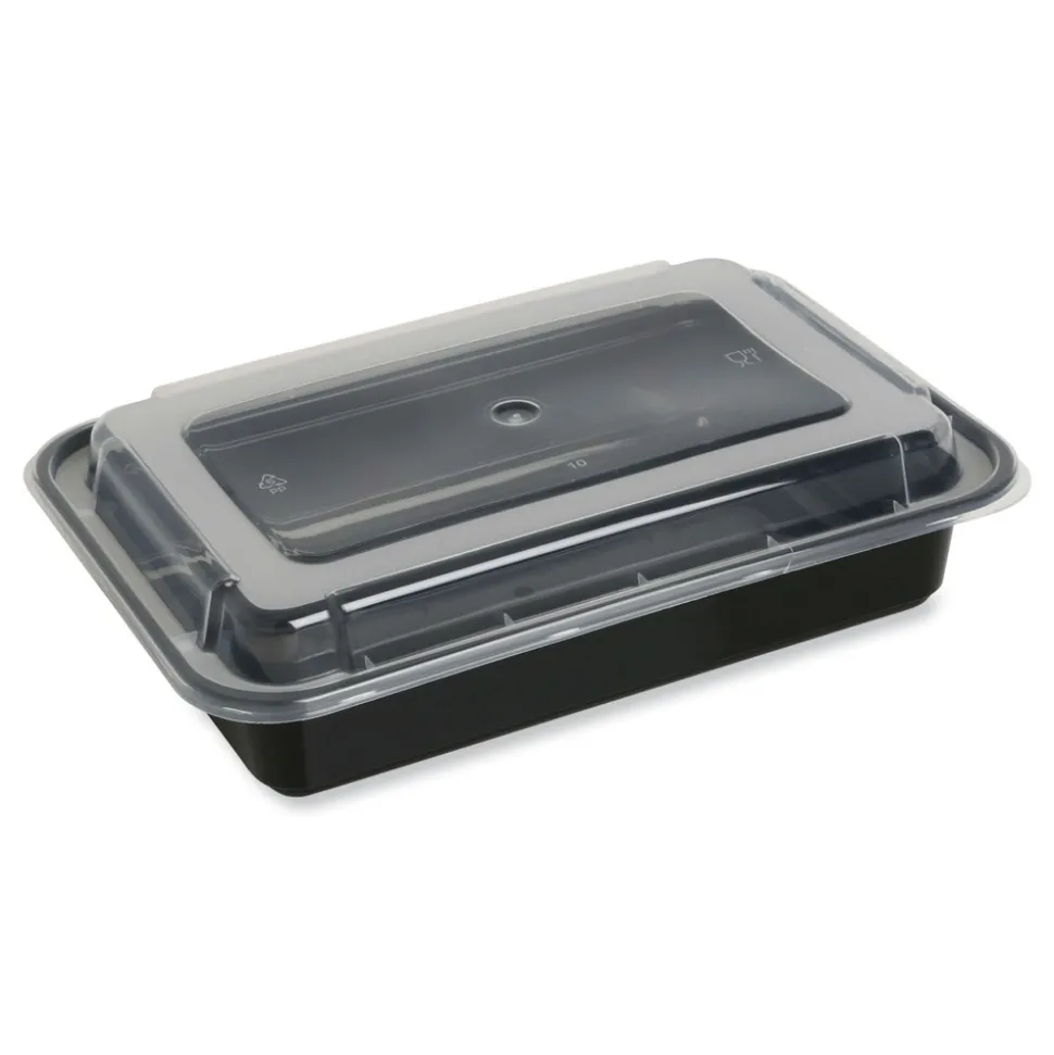 GEN FCPP-BC-38RECT 8.81 in. x 6.02 in. x 2.48 in. 38 oz. Plastic Microwavable Food Container with Lid - Rectangular Black/Clear (150/Carton)