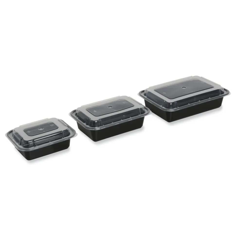 GEN FCPP-BC-38RECT 8.81 in. x 6.02 in. x 2.48 in. 38 oz. Plastic Microwavable Food Container with Lid - Rectangular Black/Clear (150/Carton)