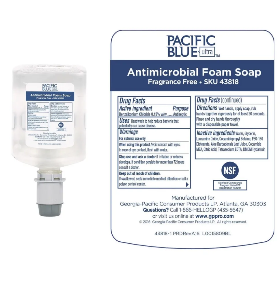 Georgia Pacific Professional 43818 Pacific Blue Ultra 1200 mL Antimicrobial Foam Soap Manual Dispenser Refill - Unscented (4/Carton)