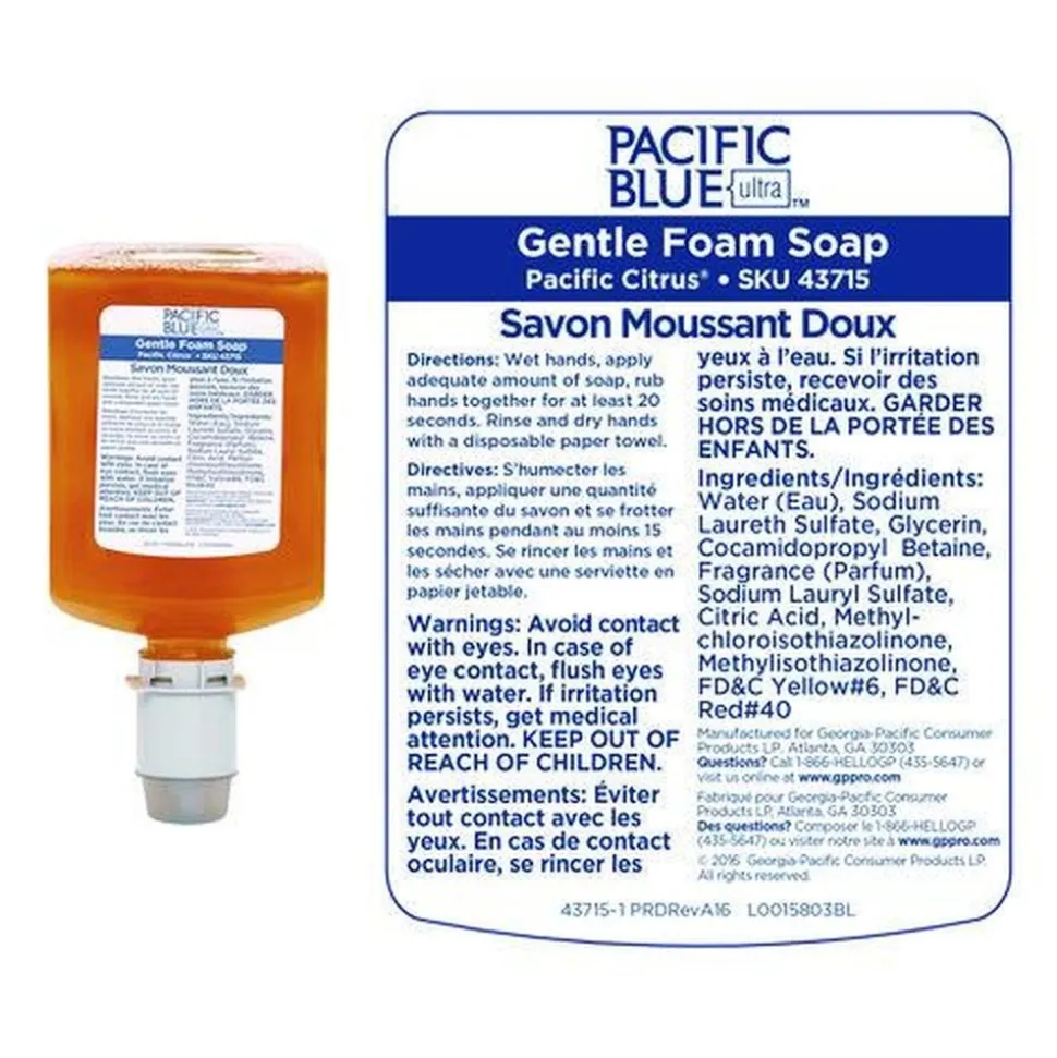 Georgia Pacific Professional 43715 Pacific Blue Ultra 1200 mL Foam Soap Manual Dispenser Refill - Pacific Citrus (4/Carton)
