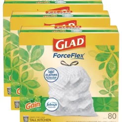 Glad ForceFlex 24 in. x 27.38 in. 13 Gallon Kitchen Drawstring Trash Bags - Gain Original Scent/White (240/Carton)