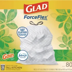 Glad ForceFlex 24 in. x 27.38 in. 13 Gallon Kitchen Drawstring Trash Bags - Gain Original Scent/White (240/Carton)