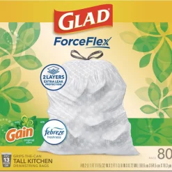 Glad ForceFlex 24 in. x 27.38 in. 13 Gallon Kitchen Drawstring Trash Bags - Gain Original Scent/White (240/Carton)