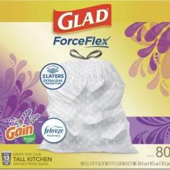 Glad ForceFlex 24 in. x 27.38 in. 13 Gallon Kitchen Drawstring Trash Bags - Gain Lavender Scent/White (240/Carton)