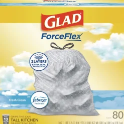 Glad ForceFlex 24 in. x 27.38 in. 13-Gallon Kitchen Drawstring Trash Bags - Gain Fresh Clean Scent White (80/Box)