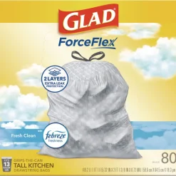 Glad ForceFlex 24 in. x 27.38 in. 13-Gallon Kitchen Drawstring Trash Bags - Gain Fresh Clean Scent White (80/Box)