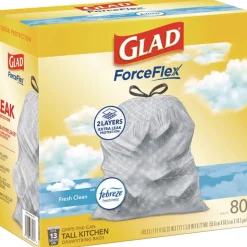 Glad ForceFlex 24 in. x 27.38 in. 13-Gallon Kitchen Drawstring Trash Bags - Gain Fresh Clean Scent White (80/Box)