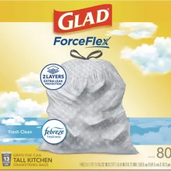Glad ForceFlex 24 in. x 27.38 in. 13-Gallon Kitchen Drawstring Trash Bags - Gain Fresh Clean Scent White (80/Box)