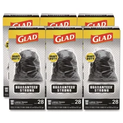 Glad Guaranteed Strong 30 in. x 33 in. 1.05 mil 30 Gallon Three-Ply Large Drawstring Trash Bags - Black (168/Carton)