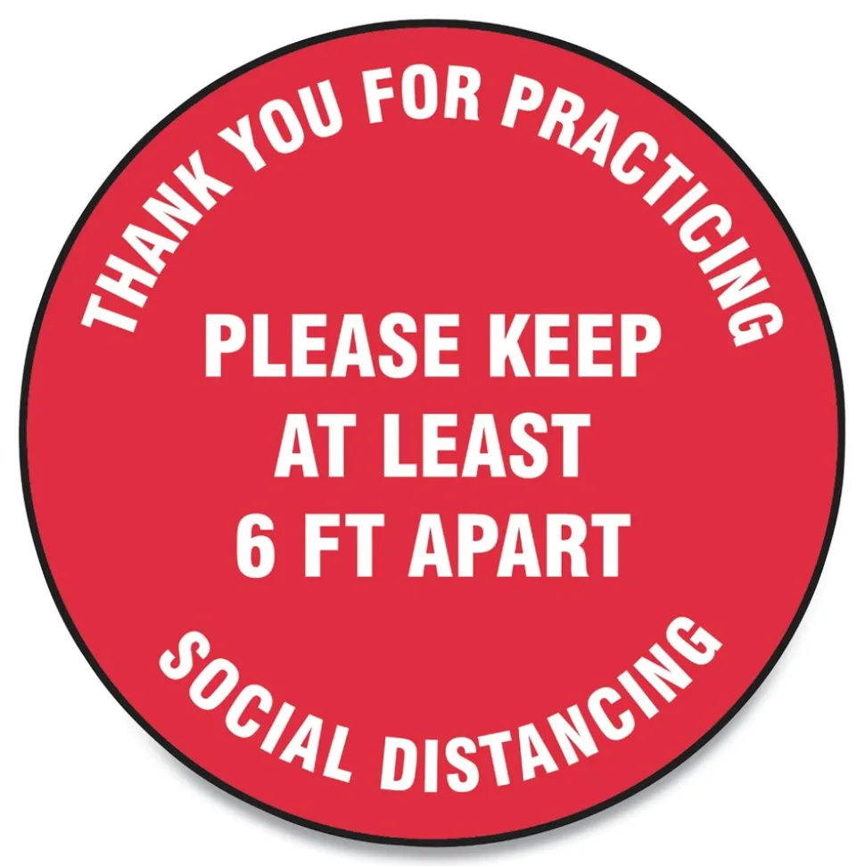 GN1 17 in. Circle "Thank You For Practicing Social Distancing Please Keep At Least 6 ft. Apart" Slip-Gard Floor Signs - Red (25/Pack)