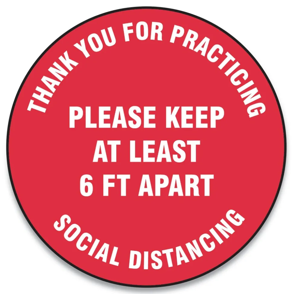 GN1 12 in. Circle "Thank You For Practicing Social Distancing Please Keep At Least 6 ft. Apart" Slip-Gard Floor Signs - Red (25/Pack)