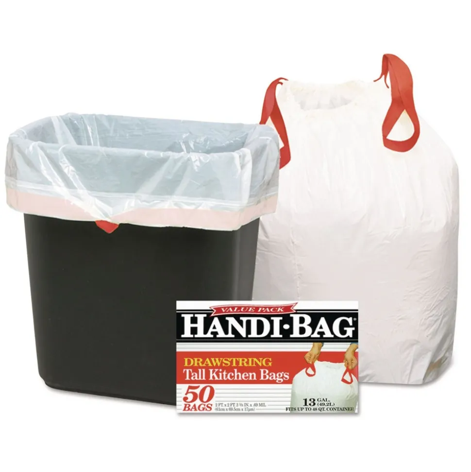Handi-Bag 1516848 13 Gallon 0.6 Mil, 24 in. x 27.4 in. Drawstring Kitchen Bags - White (300/Carton)