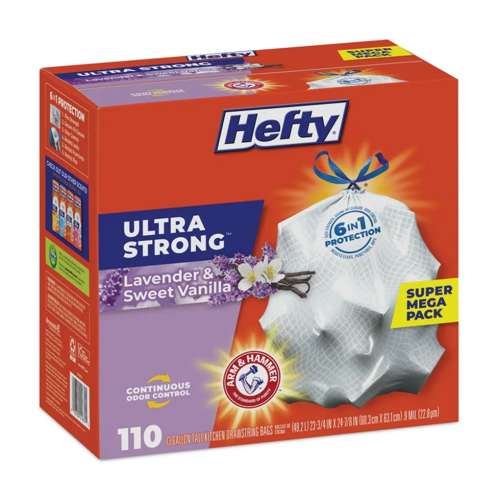 Hefty 23.75 in. x 24.88 in. 13 gal. Ultra Strong Scented Drawstring Tall Kitchen Bags - Lavender/Vanilla, White (330/Carton)
