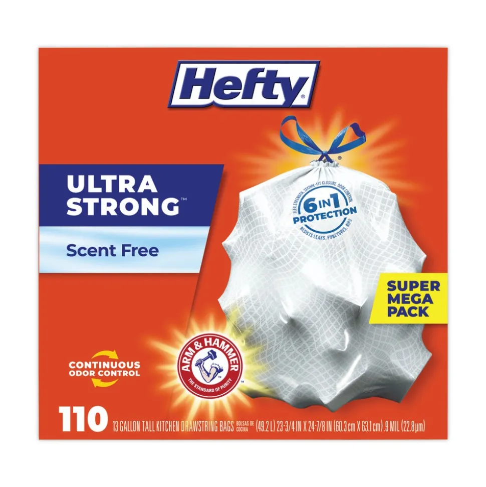 Hefty 23.75 in. x 24.88 in. 13 gal. Ultra Strong Drawstring Tall Kitchen Trash Bags - White (330/Carton)