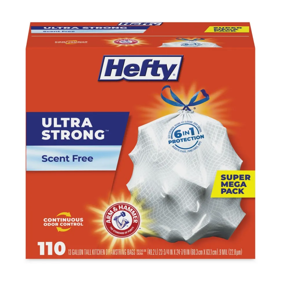 Hefty 23.75 in. x 24.88 in. 13 gal. Ultra Strong Drawstring Tall Kitchen Trash Bags - White (330/Carton)