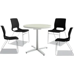 HON Between Seated-Height X-Base with 30 in. Diameter Between Round Table Top and Motivate High-Density Stacking Chair Bundle (4 Chairs/Carton)