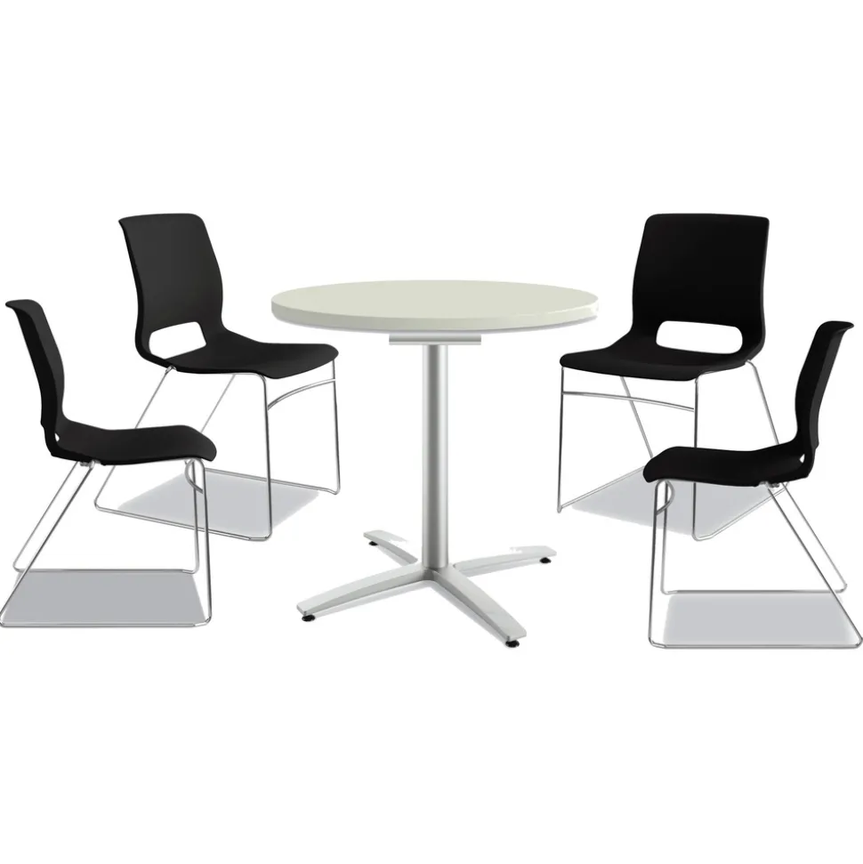 HON Between Seated-Height X-Base with 30 in. Diameter Between Round Table Top and Motivate High-Density Stacking Chair Bundle (4 Chairs/Carton)