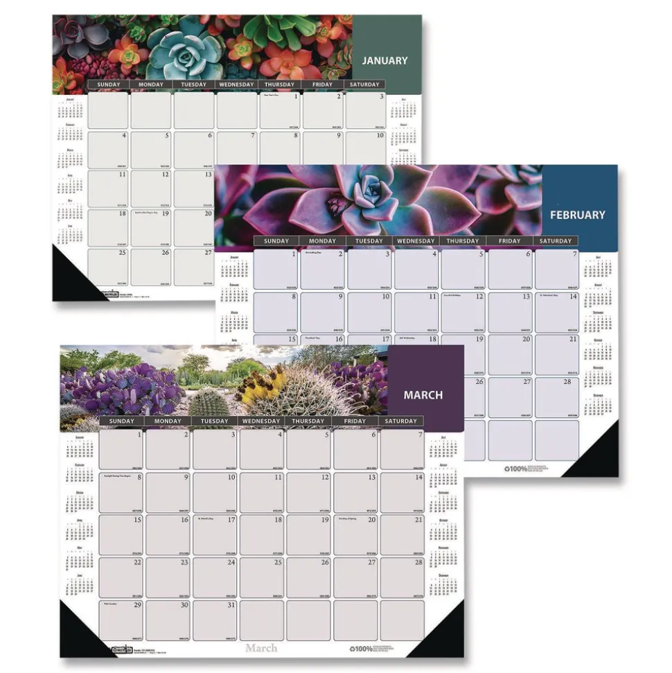 House of Doolittle 17 in. x 22 in. 12-Month (Jan-Dec 2026) Recycled Succulent and Cacti Desk Pad Calendar - Multicolor Sheets/Black Corners
