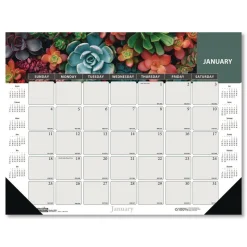 House of Doolittle 17 in. x 22 in. 12-Month (Jan-Dec 2026) Recycled Succulent and Cacti Desk Pad Calendar - Multicolor Sheets/Black Corners