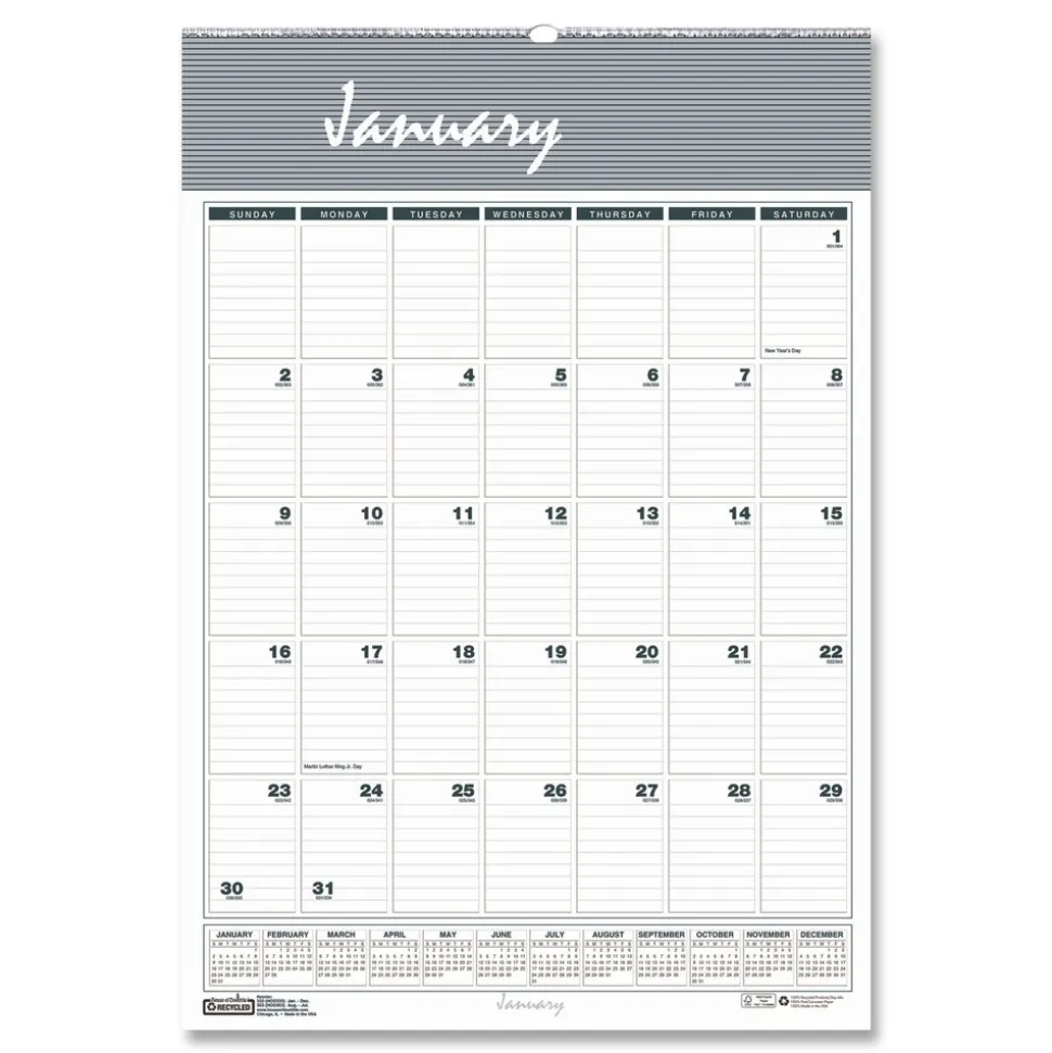 House of Doolittle 12 in. x 17 in. 12-Month (Jan-Dec 2026) Bar Harbor Recycled Wirebound Monthly Wall Calendar - White/Blue/Gray Sheets