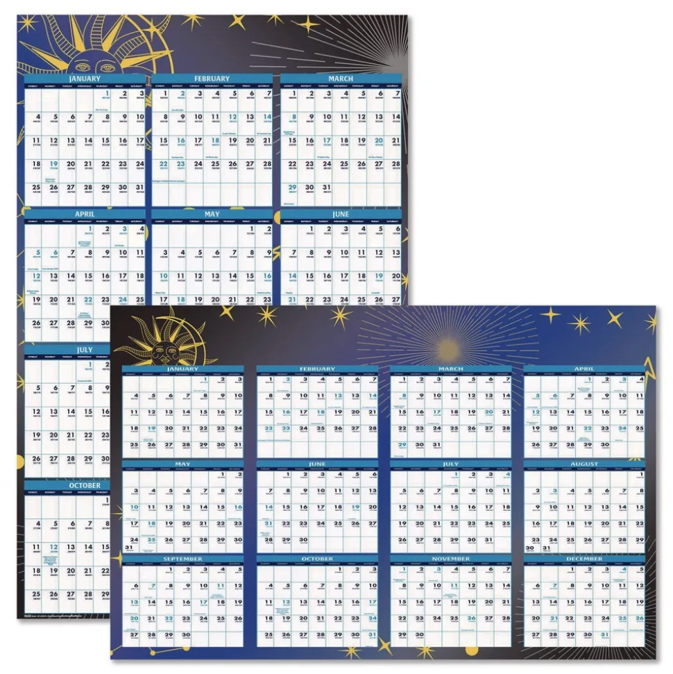 House of Doolittle 24 in. x 37 in. 12-Month (Jan-Dec 2026) Recycled Stargazer Laminated Wall Planner - White/Blue/Gold Sheets