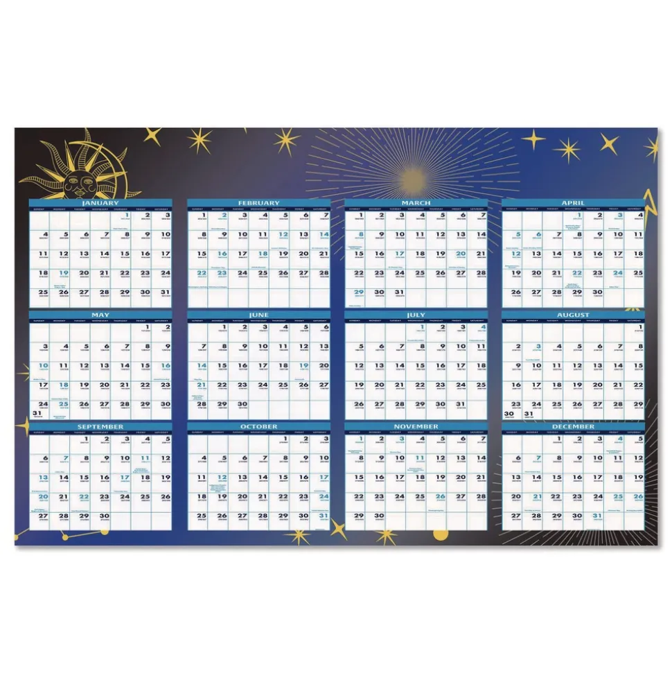 House of Doolittle 24 in. x 37 in. 12-Month (Jan-Dec 2026) Recycled Stargazer Laminated Wall Planner - White/Blue/Gold Sheets