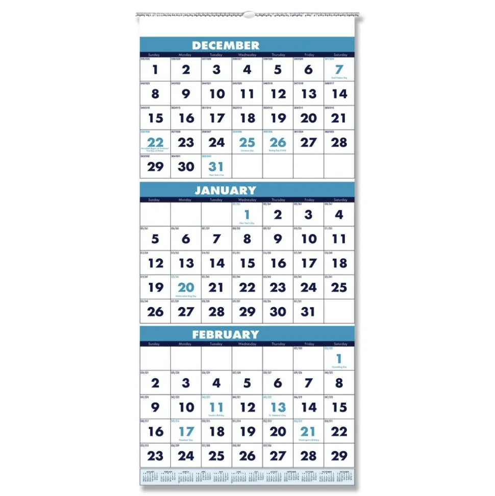 House of Doolittle 14-Month: Dec 2025 to Jan 2027 12.25 in. x 26 in. Vertical Orientation Recycled Three-Month Format Wall Calendar - White Sheets