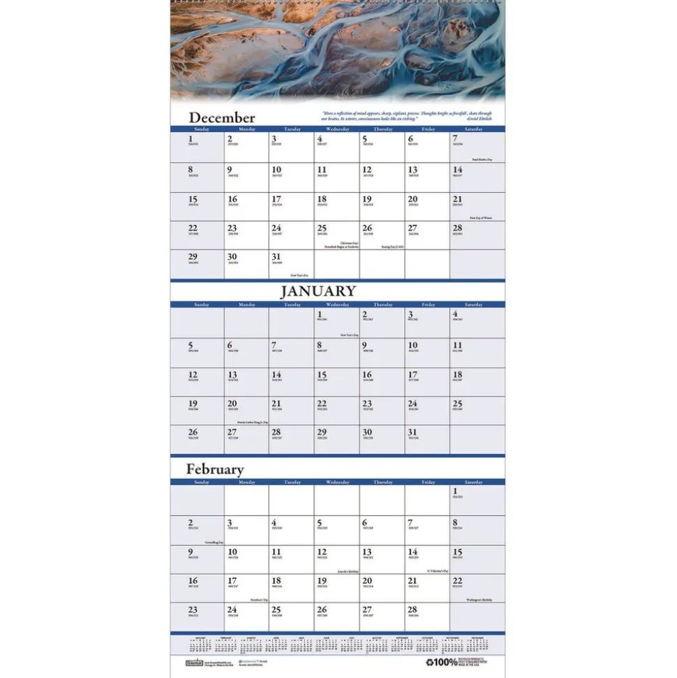House of Doolittle 14-Month: Dec 2025 to Jan 2027 8 in. x 17 in. Scenic Photography Earthscapes Recycled 3-Month Vertical Wall Calendar - White Sheets
