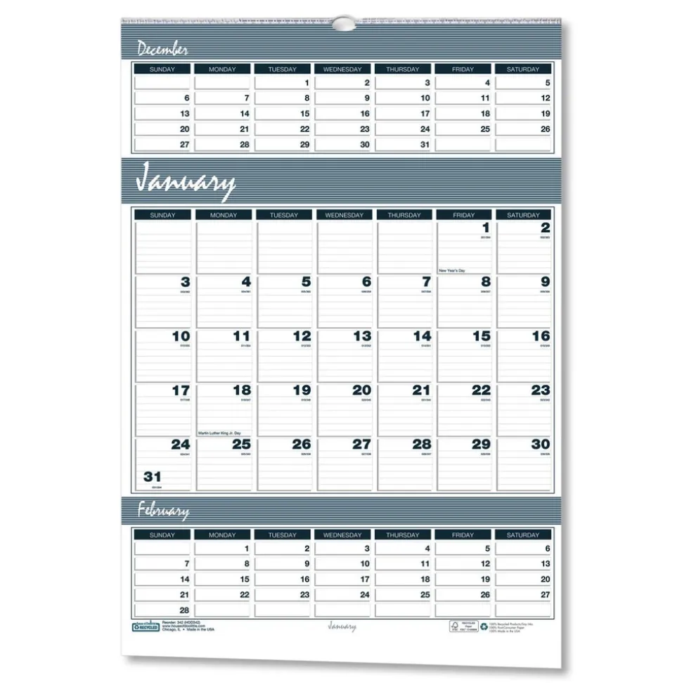 House of Doolittle 14-Month: Dec 2025 to Jan 2027 15.5 in. x 22 in. Bar Harbor Recycled Wirebound 3-Months-Per-Page Wall Calendar - White/Blue/Gray