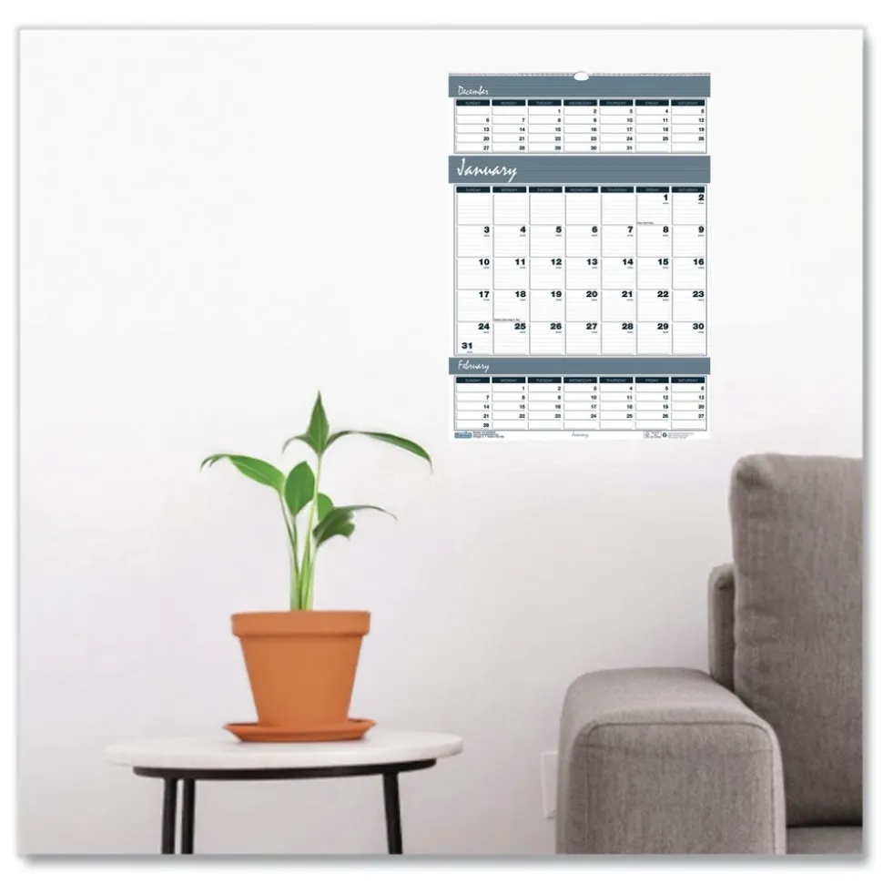 House of Doolittle 14-Month: Dec 2025 to Jan 2027 15.5 in. x 22 in. Bar Harbor Recycled Wirebound 3-Months-Per-Page Wall Calendar - White/Blue/Gray