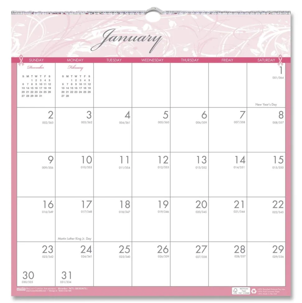 House of Doolittle 12-Month (Jan-Dec): 2026 12 in. x 12 in. Breast Cancer Awareness Artwork Recycled Monthly Wall Calendar - White/Pink/Gray Sheets