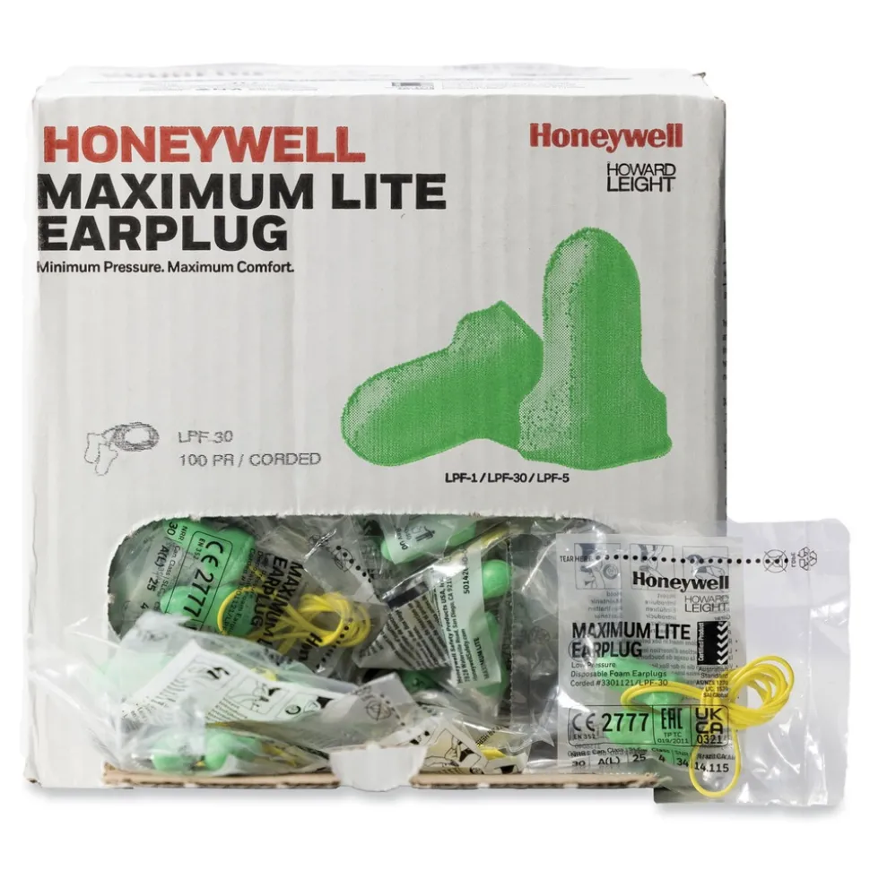 Howard Leight by Honeywell 30NRR MAXIMUM Lite Corded Single-Use Earplugs - Green (100/Box)